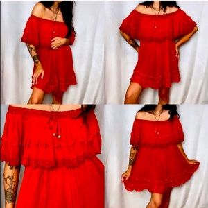 MEXICAN GAUZE VINTAGE STYLE JEN PIRATE BOOTY DRESS, Medium, reddish Orange